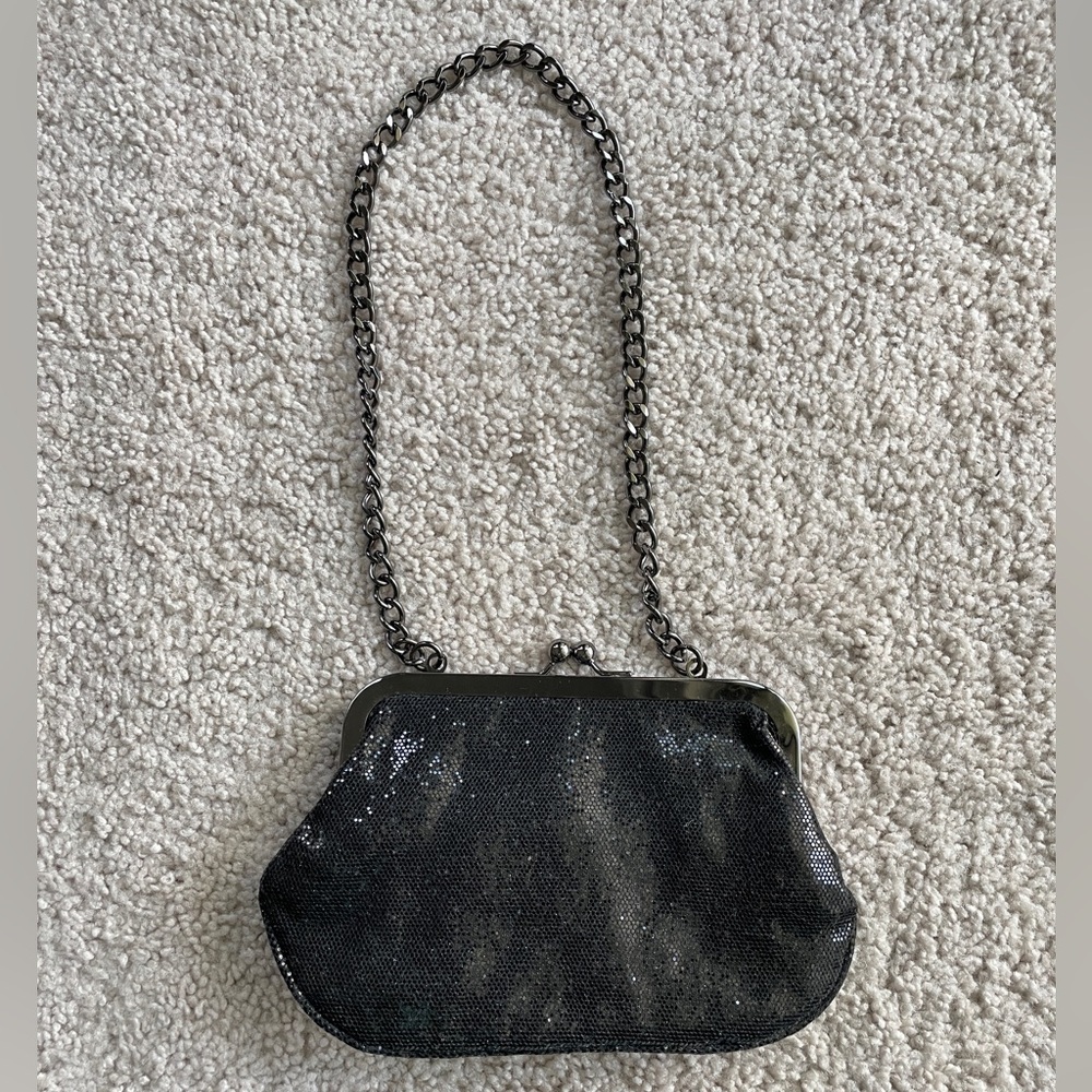 Express Retro Black Sequin Gunmetal Chain Strap Coin Purse Clutch Bag Purse